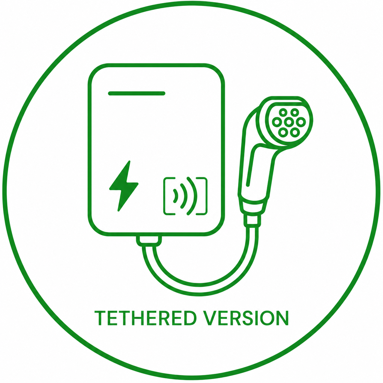 Tethered EV charger — cable permanently attached