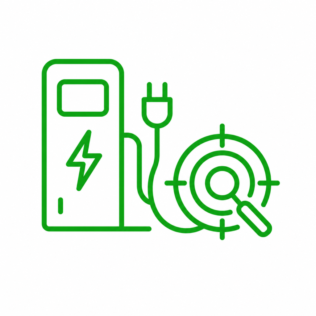 EV charger troubleshooting icon with a target and magnifying glass